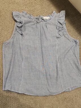 NEW MOD Boutique Blue and White Pinstripe Ruffle Shoulder Blouse L